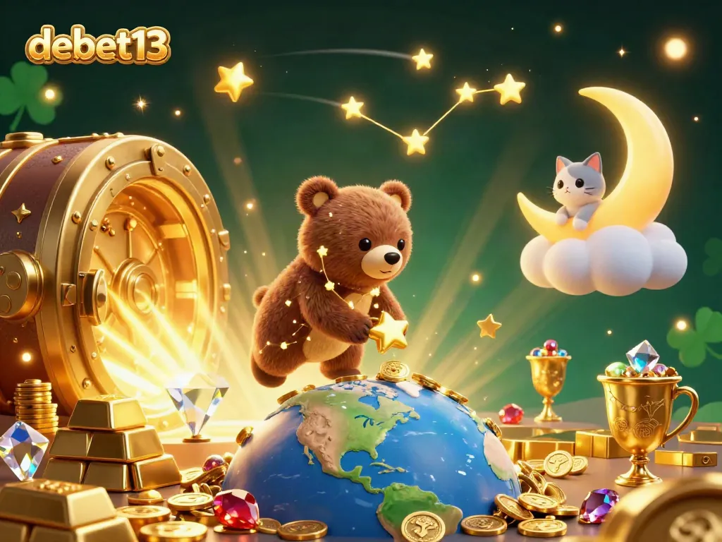Engage with debet13 in a vibrant 3D scene filled with golden treasures and gaming elements.