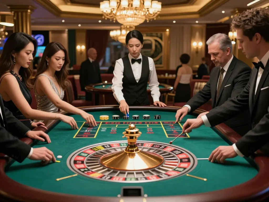 Players engaging with OnBet's roulette table, placing bets with excitement in an upscale casino