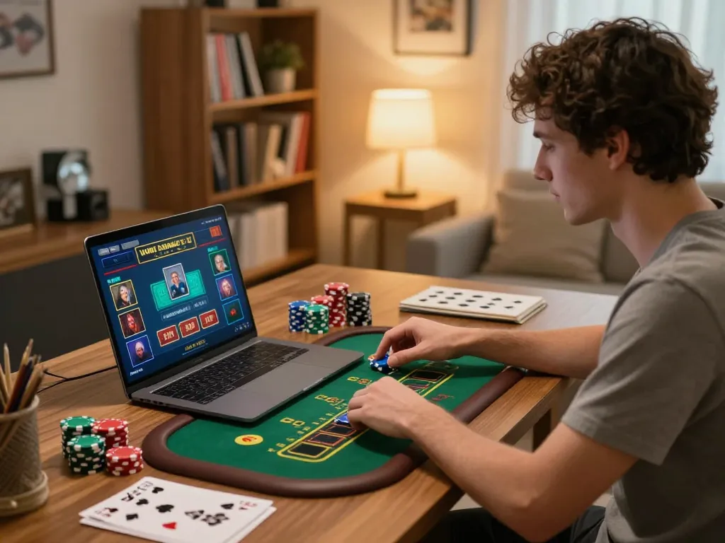 Xo88 user engaging in a live dealer game at home, showcasing strategic online gambling elements.