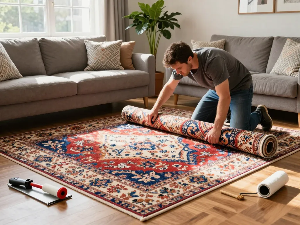 Professional carpet fitters near me installing luxurious carpet in a stylish living room.