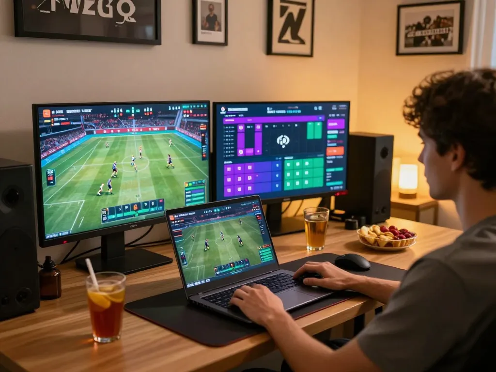 bl555 user engaging in live sports betting on laptop with multiple screens in a cozy office