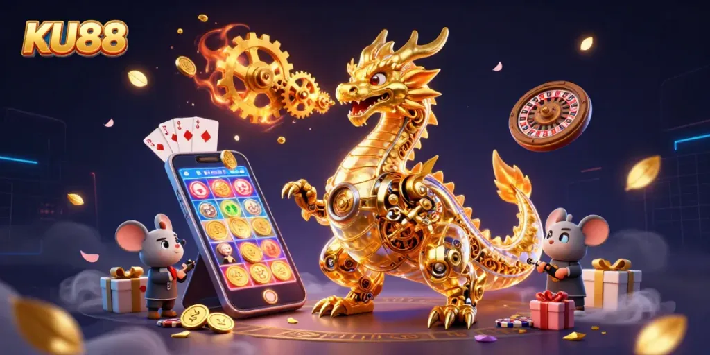 Spin jackpots and win big with KU88 - vibrant 3D casino scene featuring a golden dragon.
