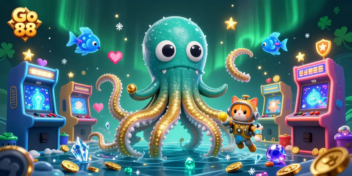 Join the excitement with Go 88 as the kraken and diving cat discover treasure in a vibrant casino scene.