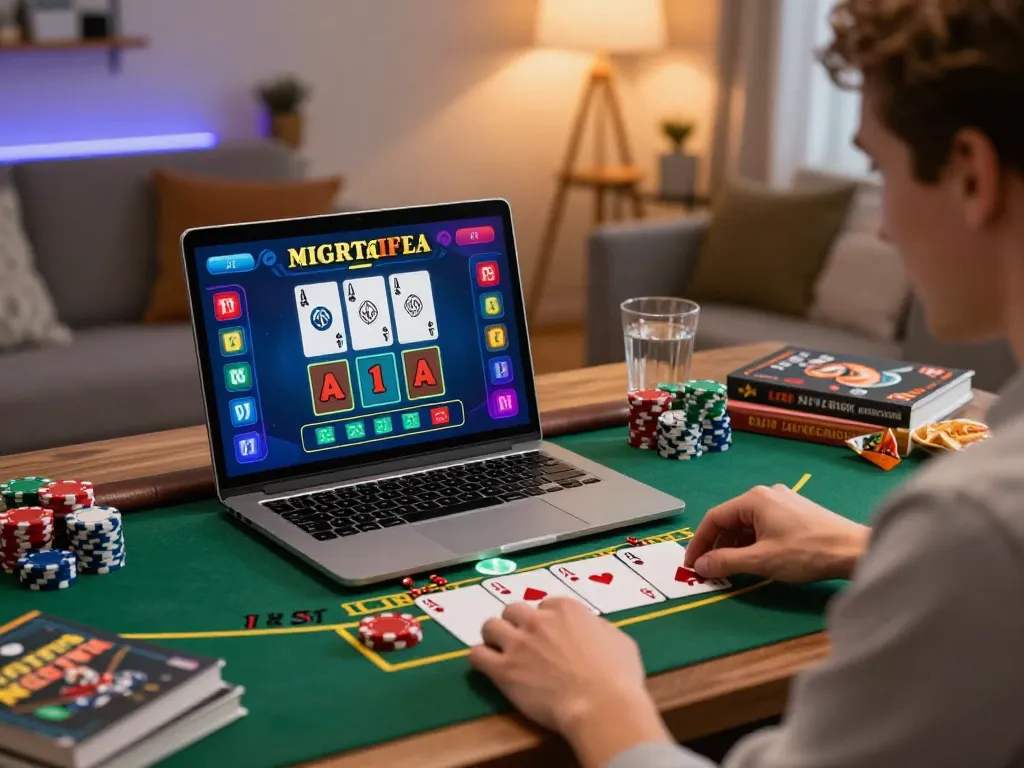 Player enjoying twin68 online casino blackjack game on laptop at home.