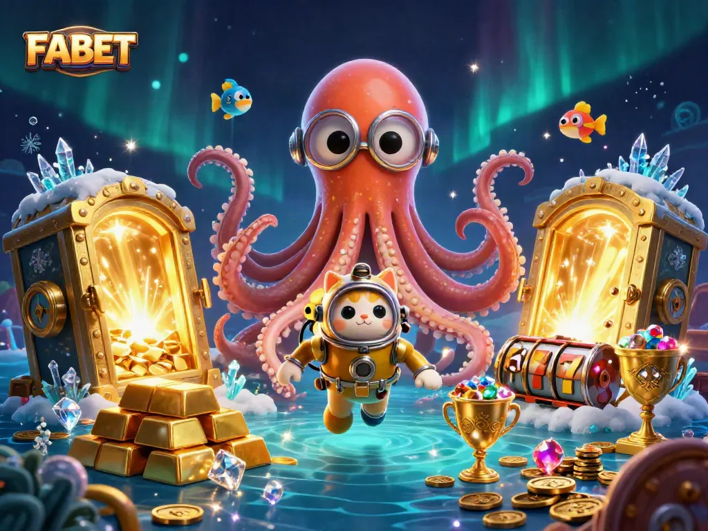 Experience the thrill of FABET with a vibrant 3D underwater casino scene featuring treasures and lucky symbols.