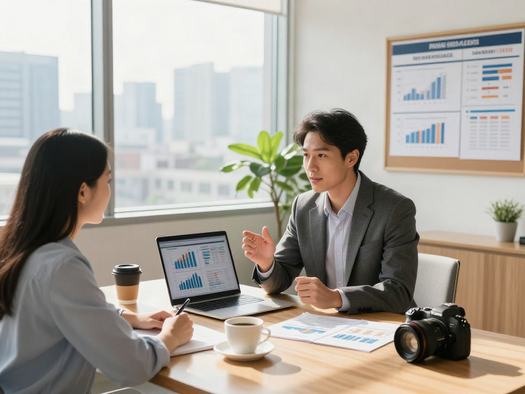 Financial advisor discussing strategies to deposit 10k with clients in a bright office.