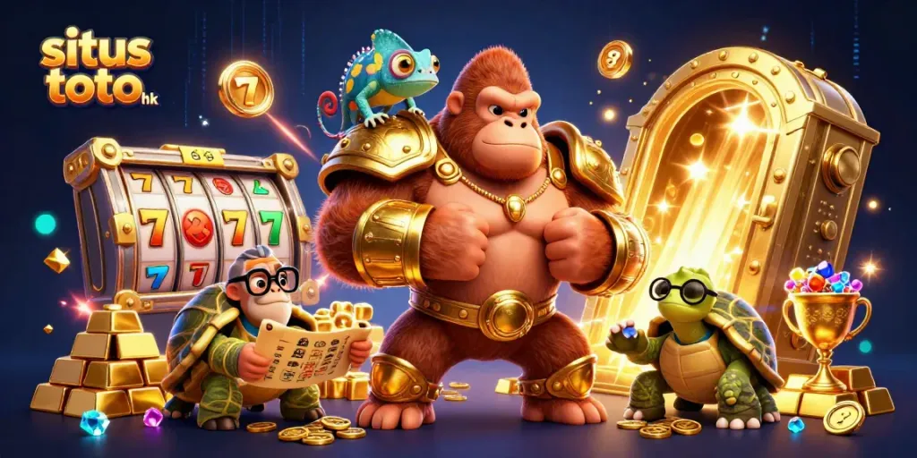 Engage with situs toto hk as a powerful gorilla king showcases his strength in a dynamic casino scene.