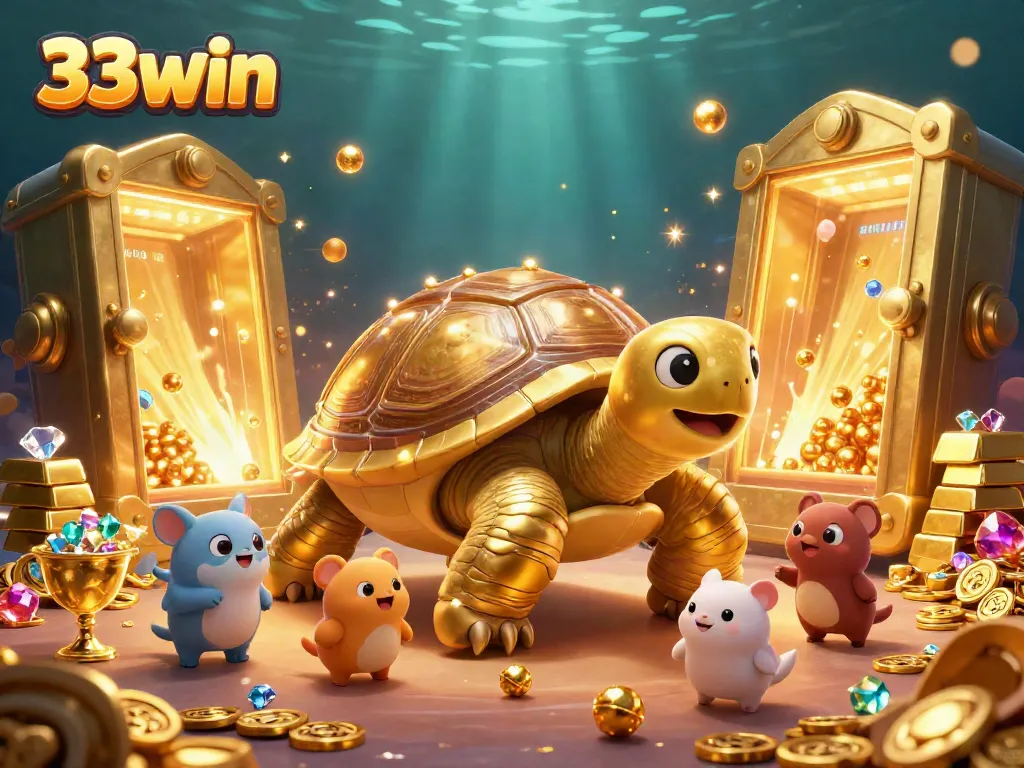 Immersive 3D scene with a golden tortoise pinball machine and treasure, promoting 33win games.
