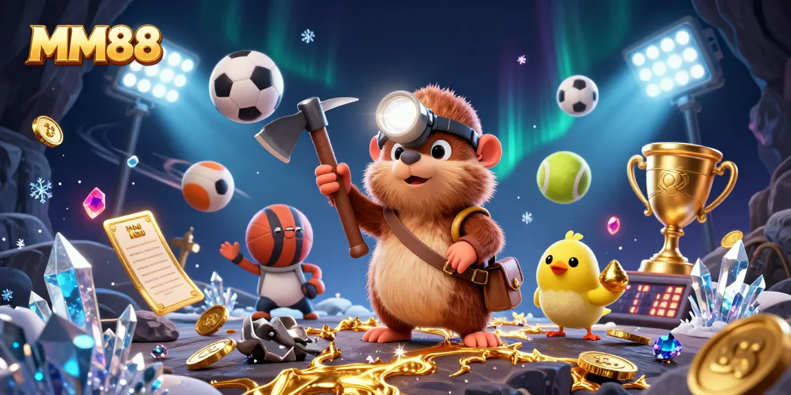 Bet on MM88 with a vibrant scene of a treasure hunter and sports elements in a rich 3D illustration.