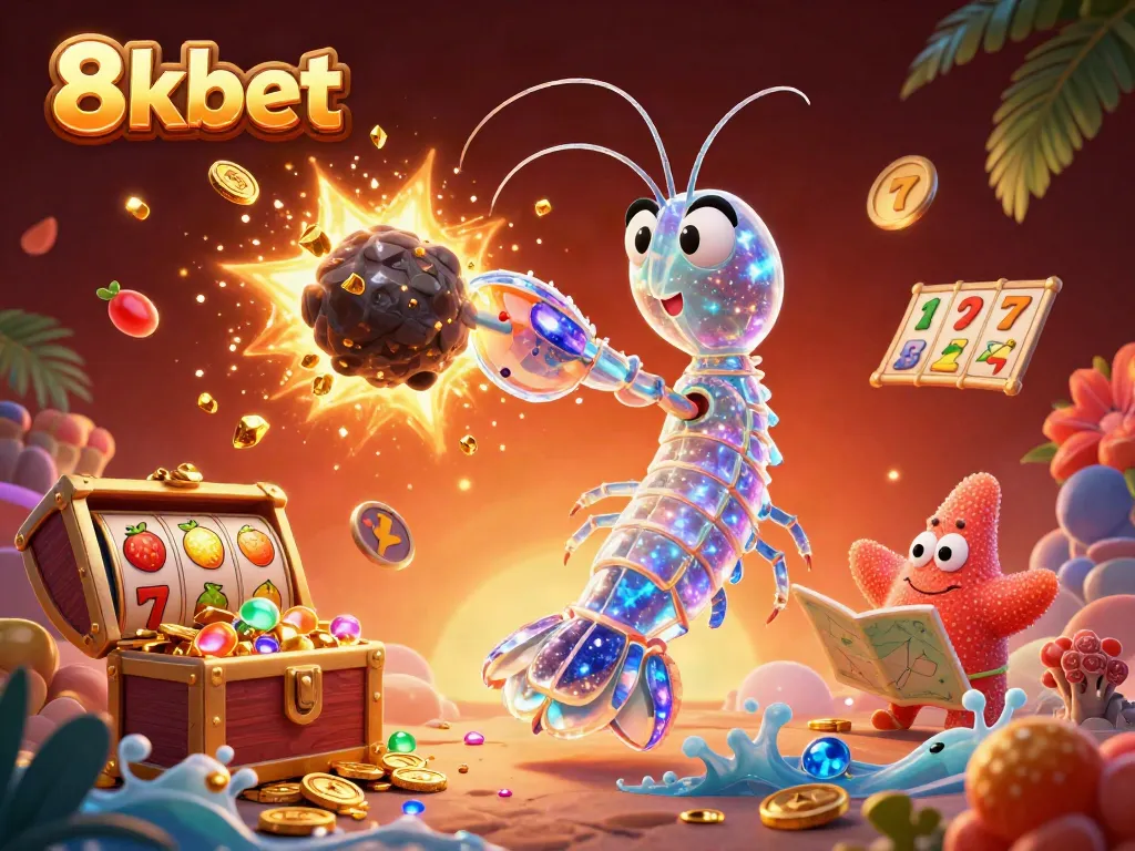 Experience thrilling gaming at 8xbet with vibrant slot symbols and an action-packed illustration.