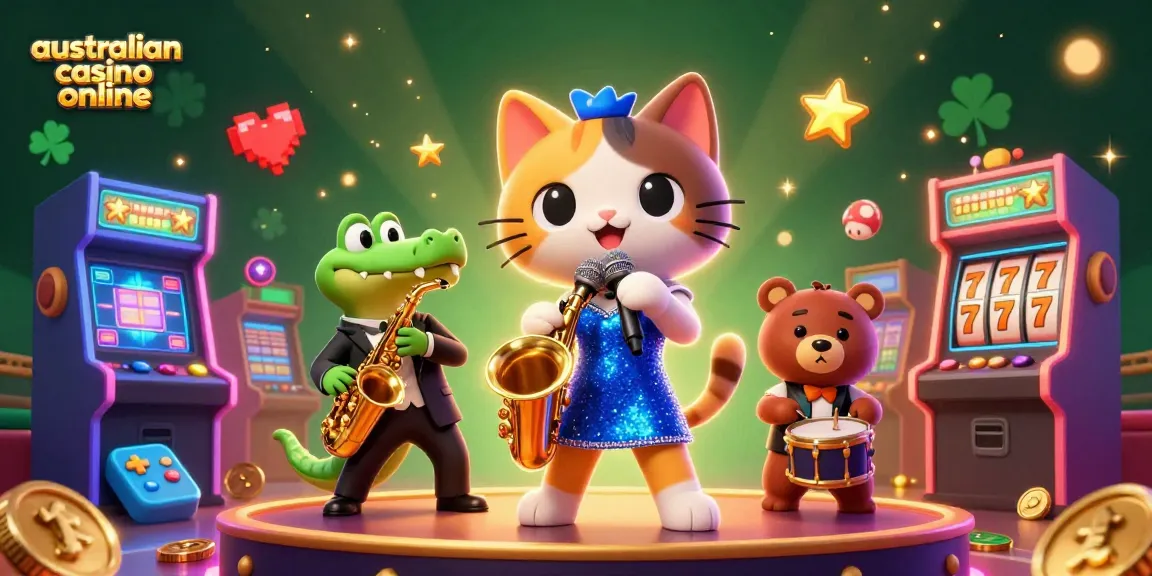 Experience the vibrant scene of a 3D jazz-singer cat and friends celebrating australian casino online gaming.