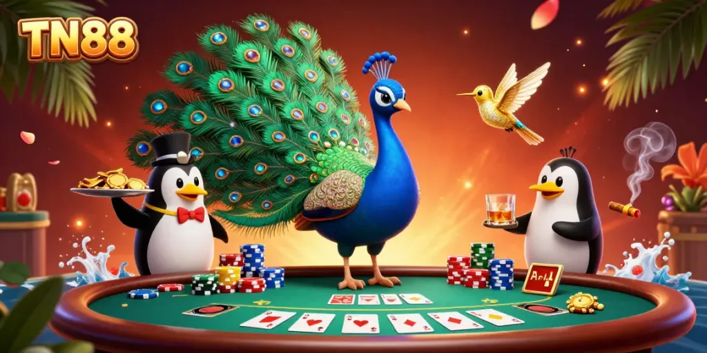 Win big at TN88 with this vibrant poker scene featuring an aristocratic peacock and a butler penguin.
