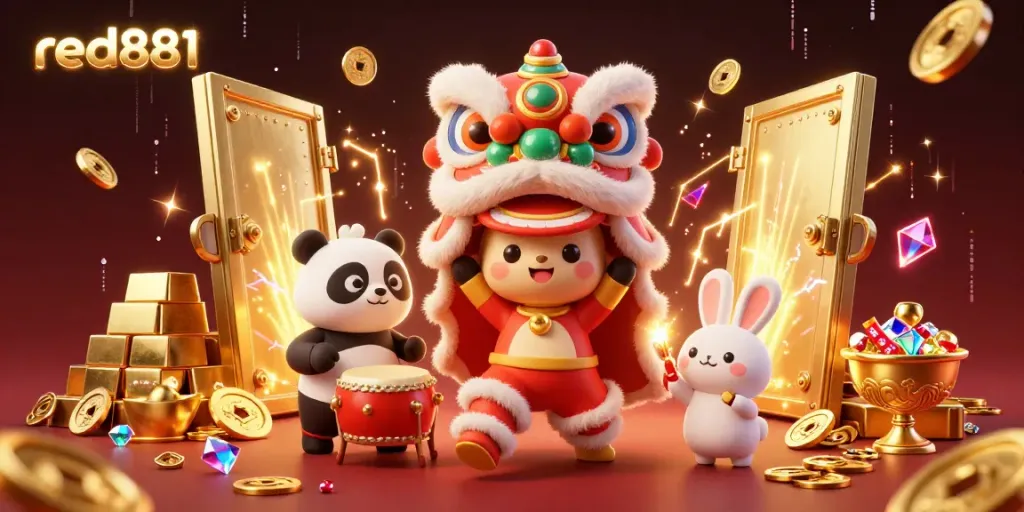 Experience thrilling wins at red881 with a vibrant lion dance scene filled with treasure, luck, and excitement.