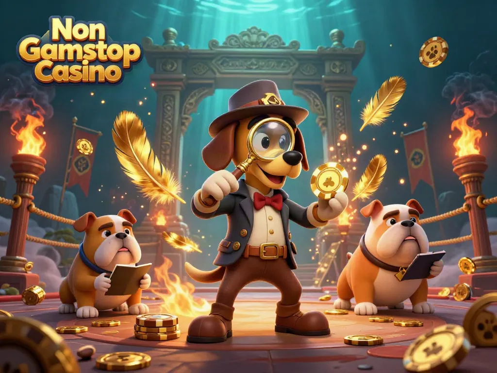 Experience the thrill of Non Gamstop Casino with a detective and a bulldog in a vibrant 3D scene.