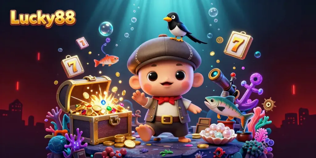 Engage with Lucky88's vibrant underwater casino scene featuring playful characters and magical elements.