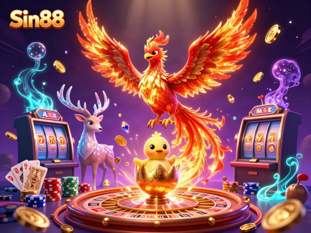 Experience winning moments at Sin88 with a vibrant 3D casino scene featuring mythical creatures and coins.
