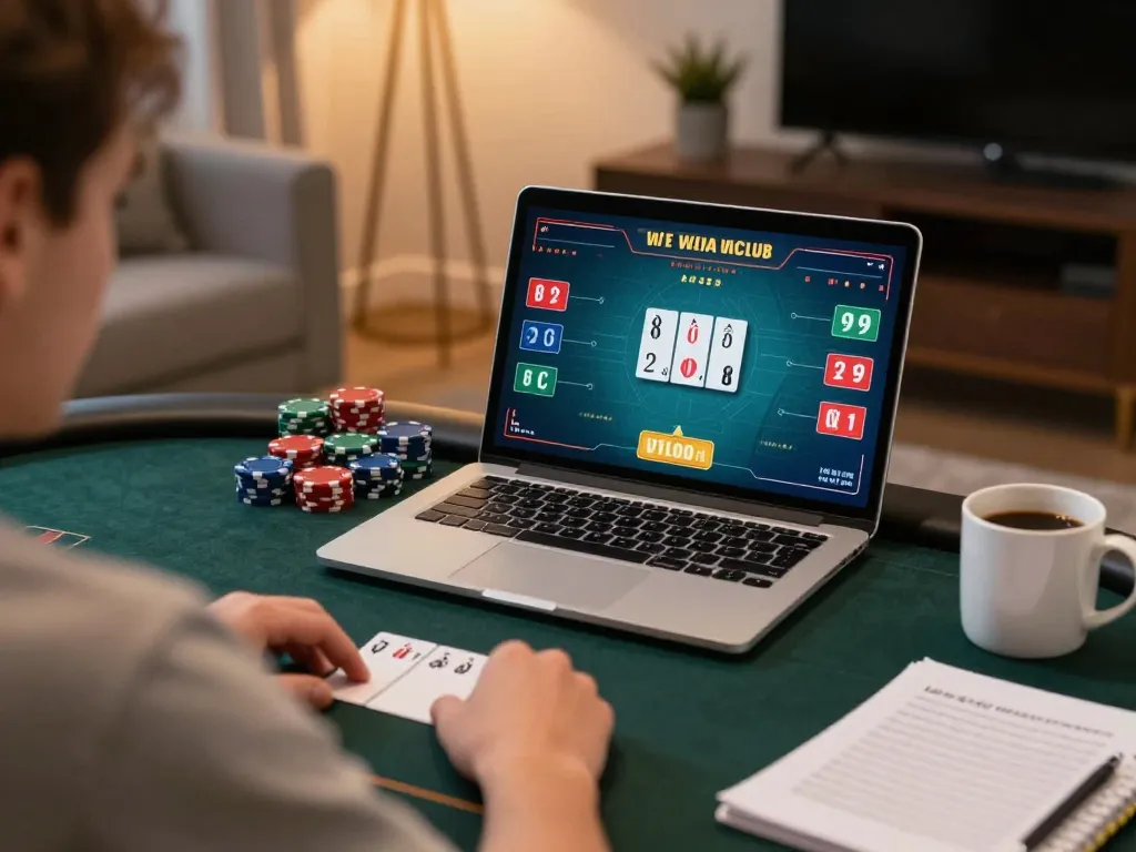 IWINCLUB online poker gameplay on a sleek laptop shows strategic hand and stacked chips