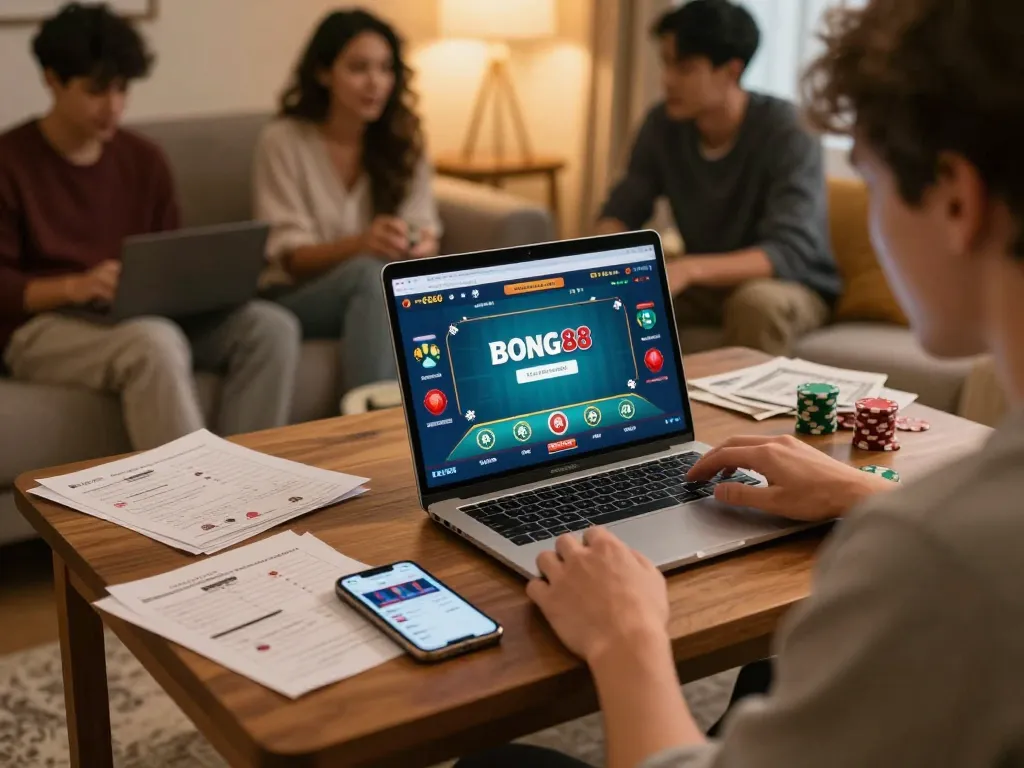 BONG88 player engaged in online poker at home with strategy notes and casino app.