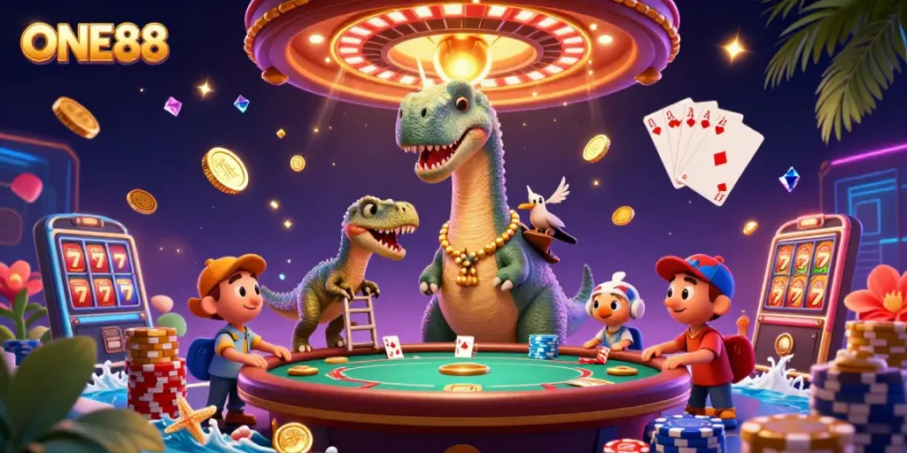 Experience the thrill of ONE88's vibrant casino through a unique 3D illustration with dynamic characters and elements.