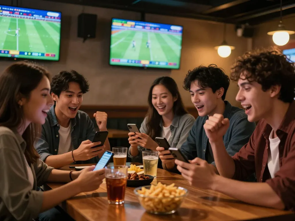 Tỷ lệ kèo nhà cái 5 viewed through smartphones in an engaging sports bar setting during thrilling match moments.