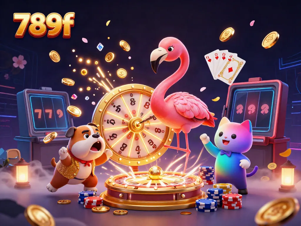 Win big with 789f in this vibrant casino adventure featuring a flamingo host, bulldog contestant, and sparkling prizes!