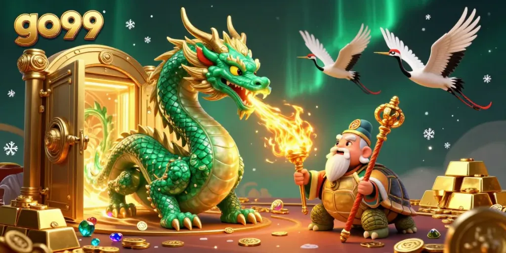 Experience the thrill of go99 with a massive jade dragon and lucky symbols in a rich casino scene.