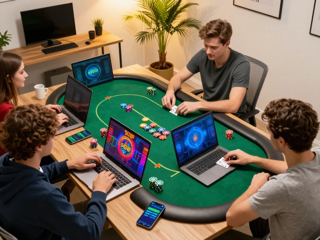 SC88 players engaged in intense online poker gameplay at home with strategic insights on screen.