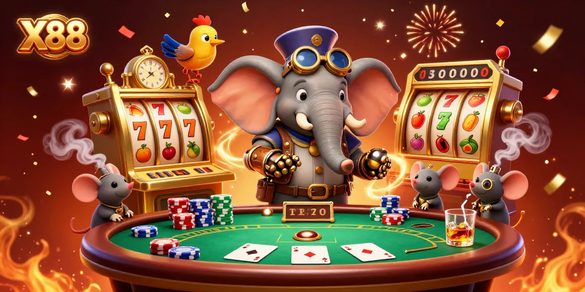 X88 engages players with exciting slot machines and steampunk characters in a vibrant casino environment.