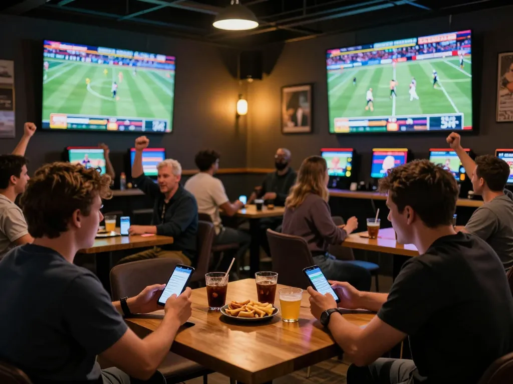 Engaged bettors using 1gom app for live betting in vibrant sports lounge atmosphere