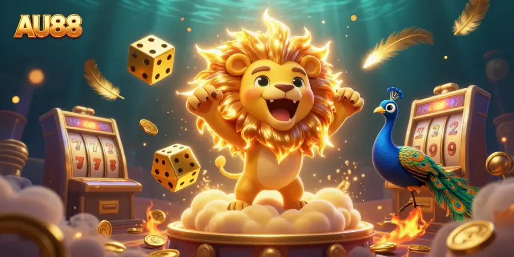 Experience exciting gaming with AU88, featuring a roaring sun lion, golden dice, and immersive casino elements.