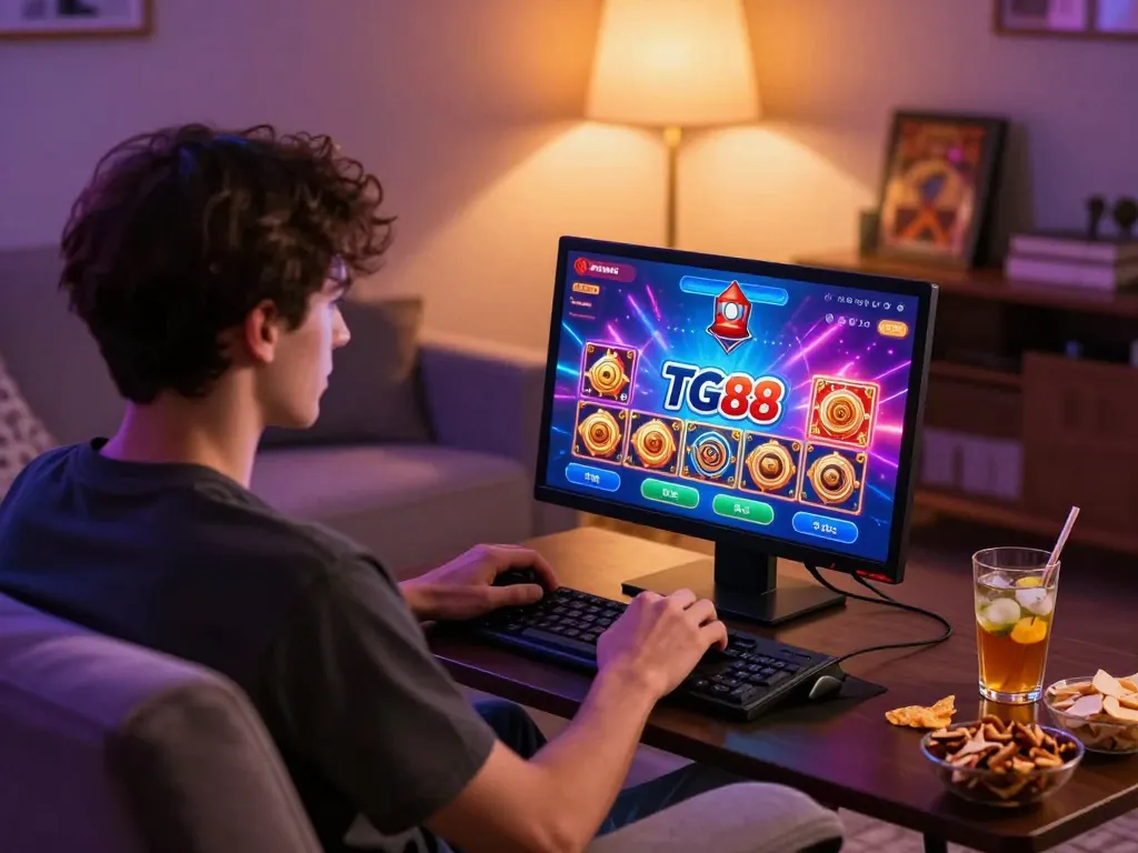 Engaging user playing on the TG88 app in a cozy home setup, showing a mobile gaming experience optimized for strategy and enjoyment.