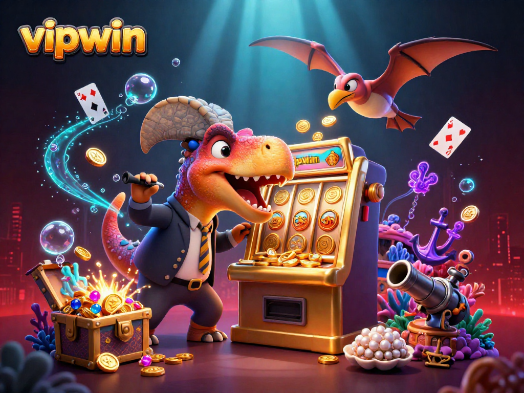 Experience the thrill of vipwin as a pachycephalosaurus wins a jackpot, coins exploding in an exciting casino setting.