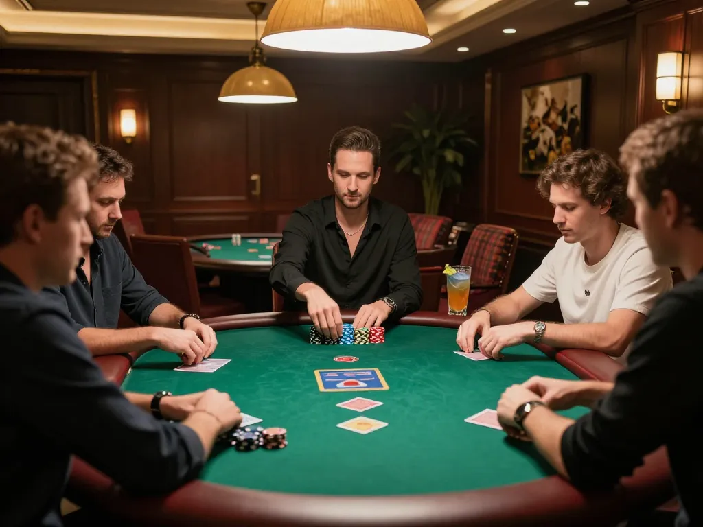 Sunwin poker players strategizing their game around a green felt table in a luxurious indoor poker room