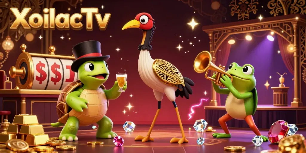 XoilacTv showcases a dynamic speakeasy scene filled with vibrant gaming elements, including gold treasures and playful characters.