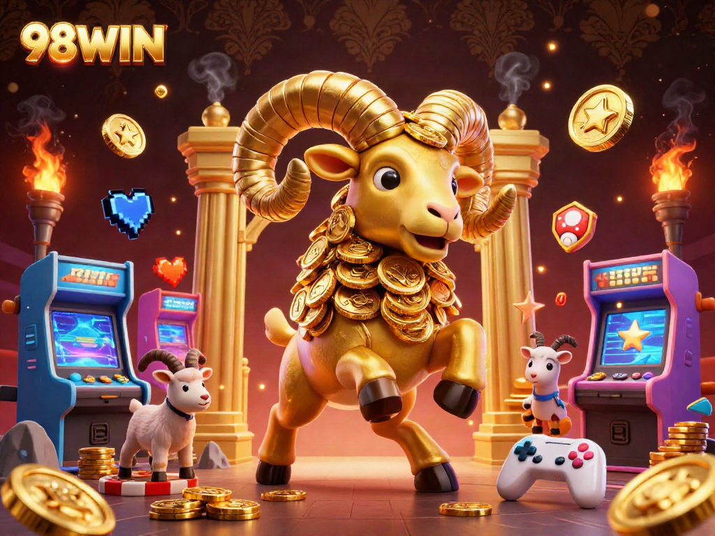 Experience the thrill of winning with 98WIN as a golden ram charges through arcade elements.