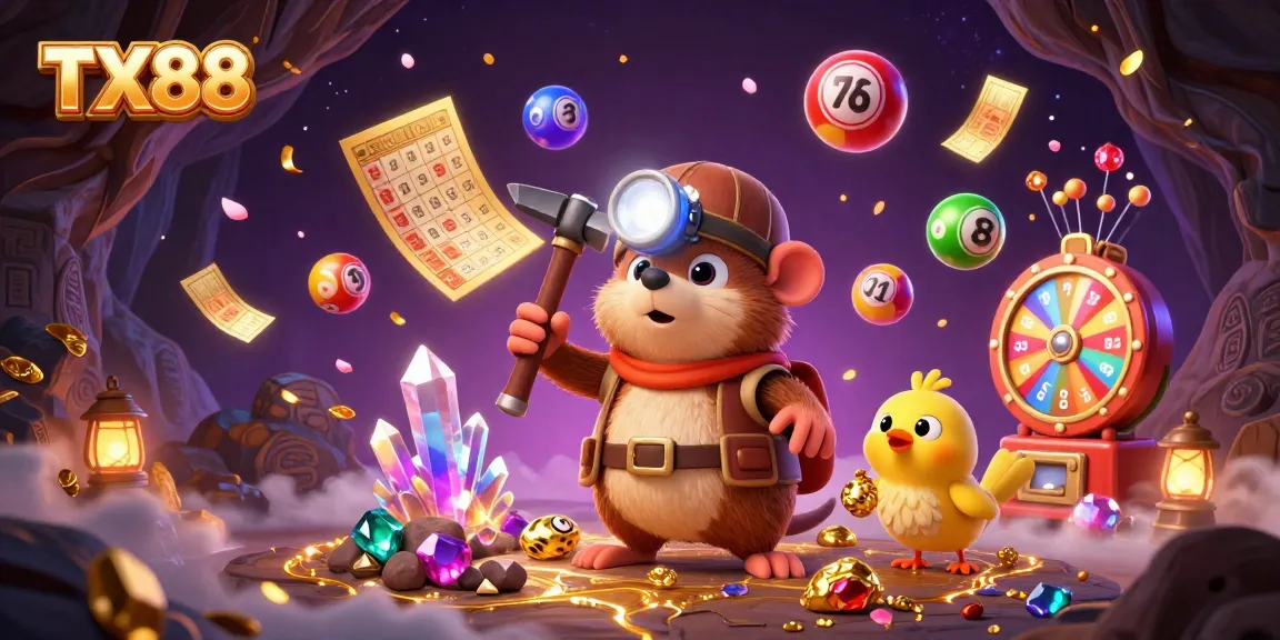 Experience thrilling TX88 lottery excitement with vibrant elements and treasure hunter adventures.