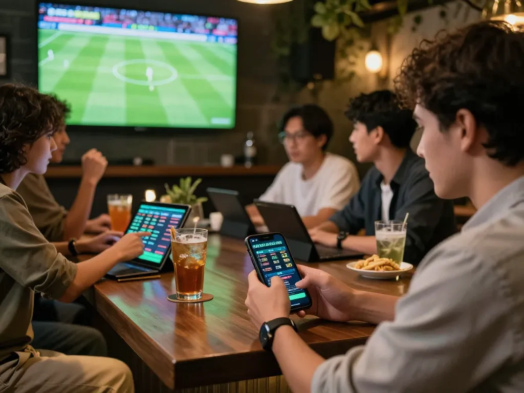 Kèo nhà cái live odds displayed on smartphone as friends watch a football match and discuss bets.