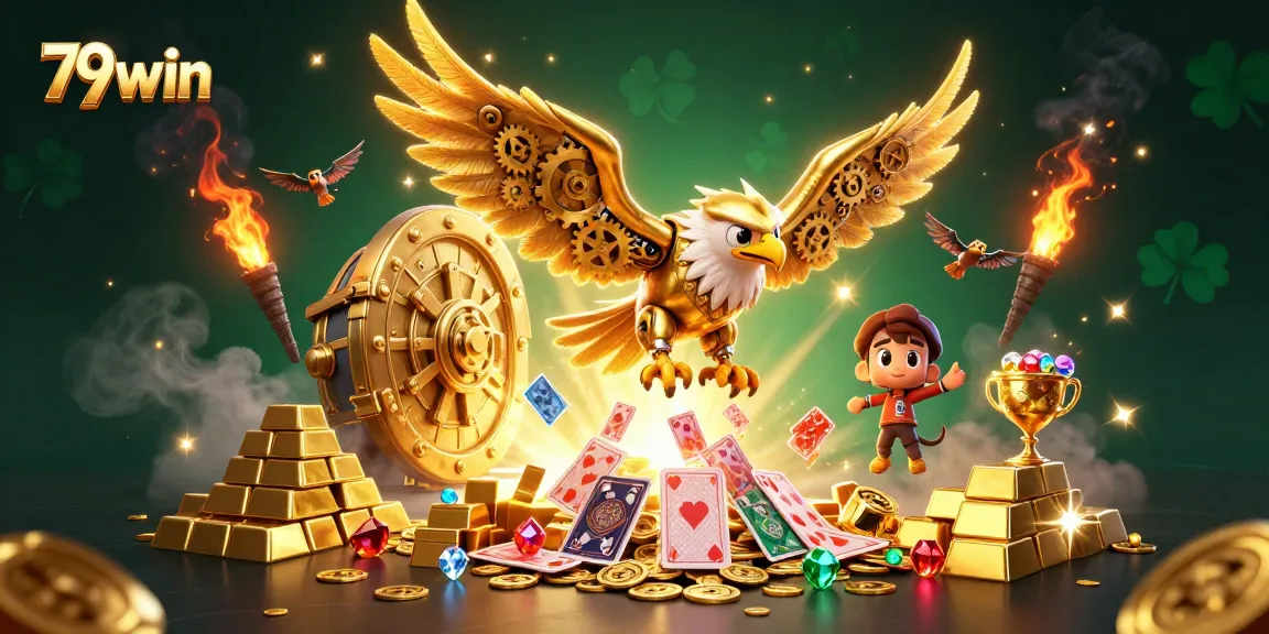 Experience thrilling gameplay with 79win, featuring a dynamic casino scene of a cybernetic eagle amidst treasures and cards.