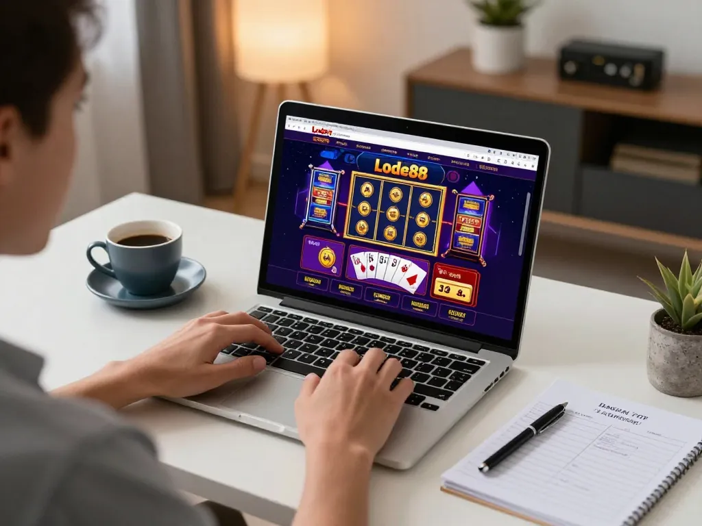 Lode88 player engaging in online casino gaming from home, enjoying a profitable experience with strategic gameplay.