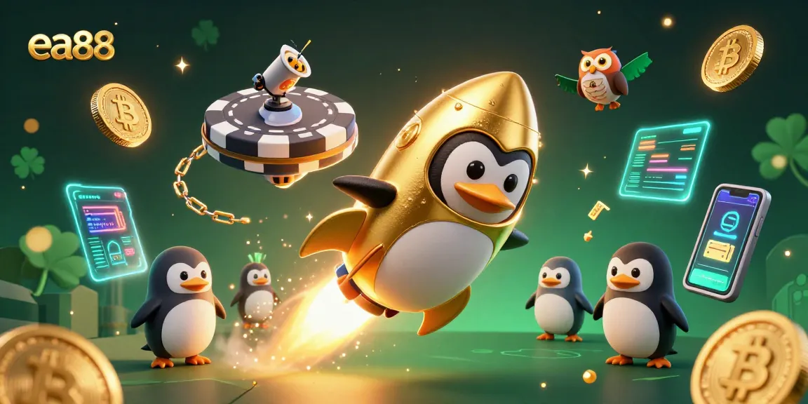 Play and win at ea88 with a golden penguin amidst glowing crypto coins and lucky symbols!