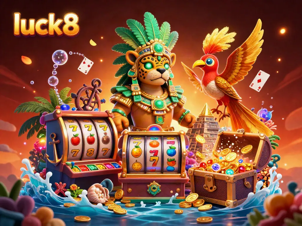 Experience luck8 in a lively casino scene with vibrant slots and treasure bursting with coins.