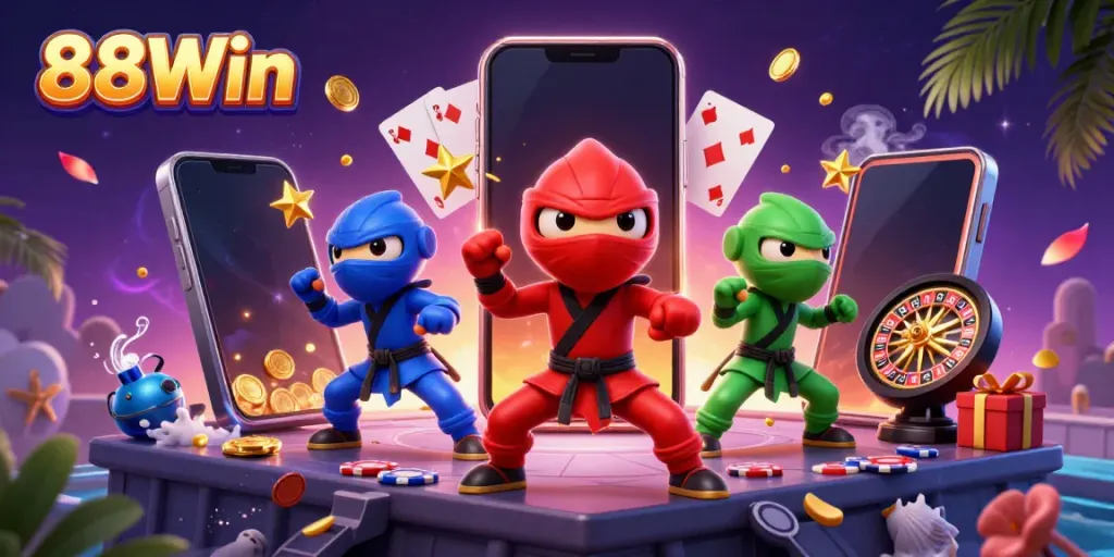 Experience vibrant 88Win gaming with dynamic chameleon ninjas amidst casino elements.