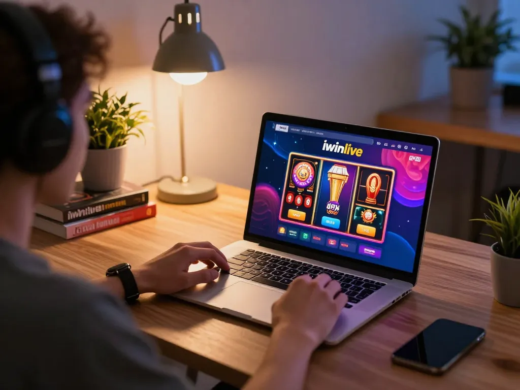 Player interacting with iwinlive casino interface on a laptop in a cozy home environment