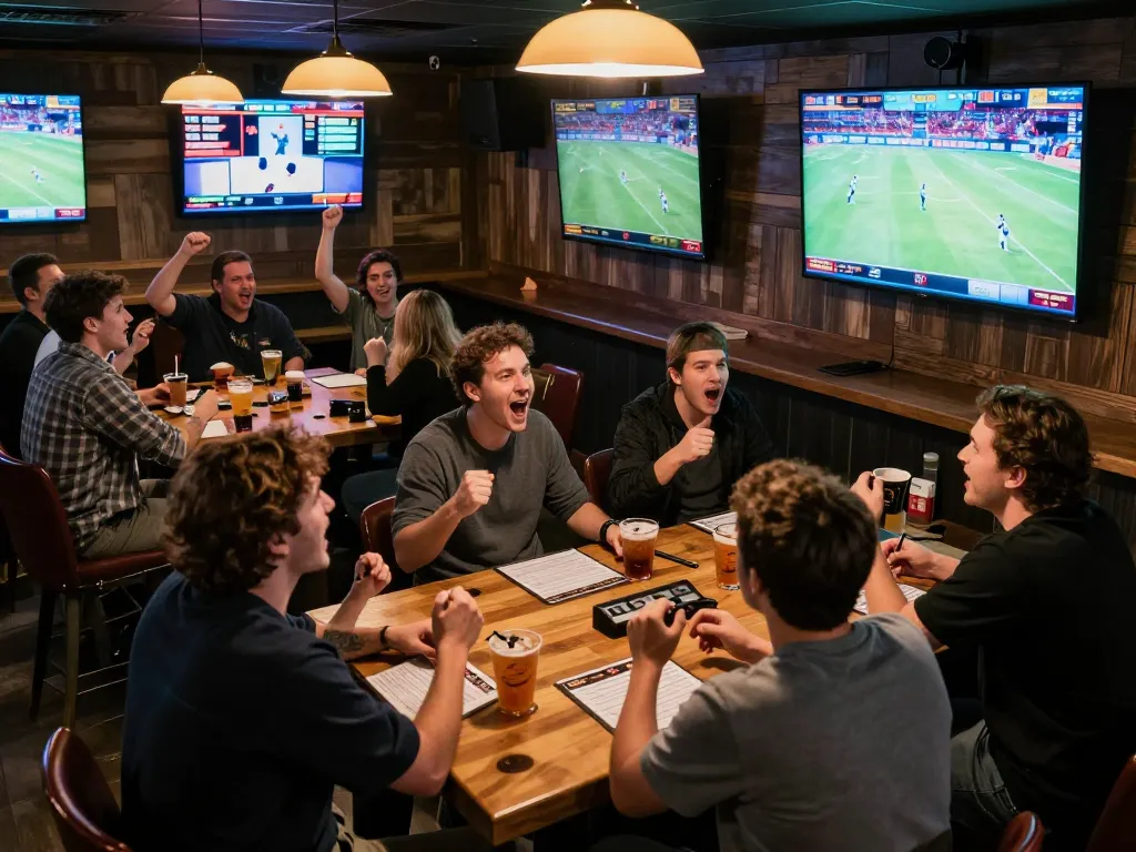 Engaged bettors tracking tỷ lệ nhà cái during a lively sports event at a sports bar.
