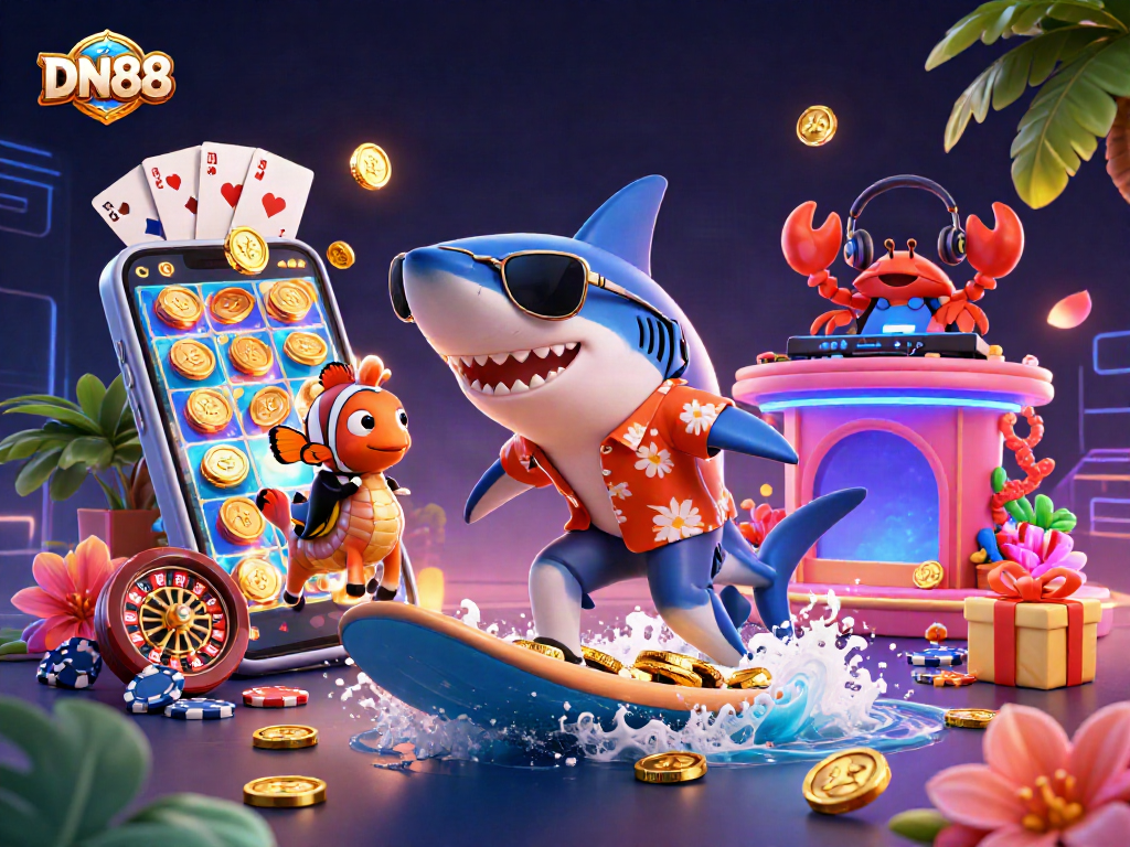 Experience exhilarating gameplay with DN88, where a surfing shark rides waves of gold coins and slot games.