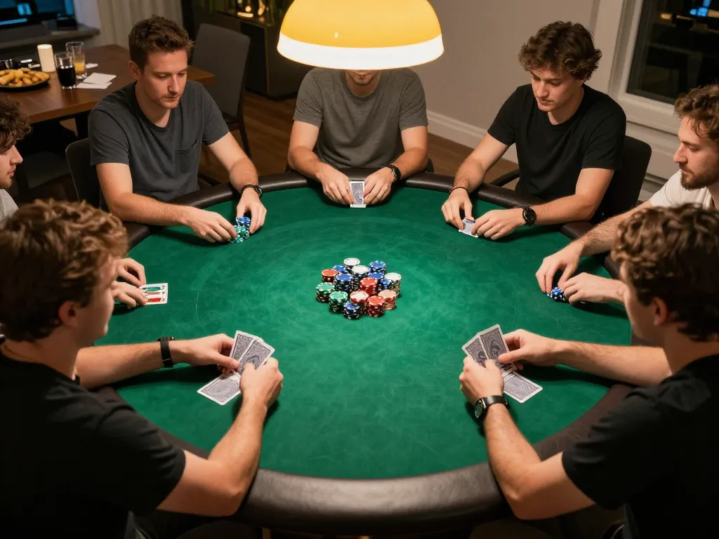 Sin88 poker game in a relaxed home setting with players engaged in strategic decisions and vibrant chips