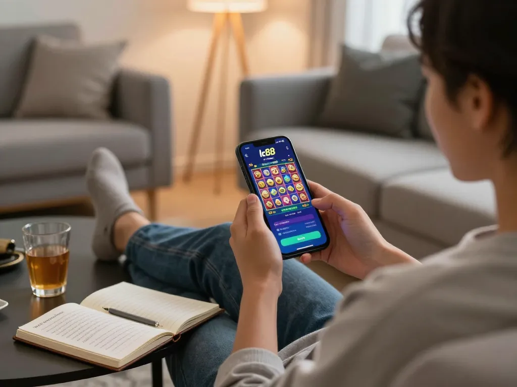 Enjoying lc88 on a smartphone in a cozy living room, showcasing strategic online gambling.