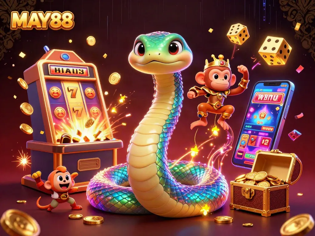 MAY88 engages players with a vibrant scene of a jackpot explosion and a playful monkey king.