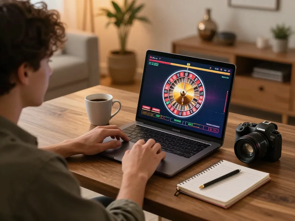 Playing roulette on 777x from a cozy home gaming setup with warm lighting and strategic notes.
