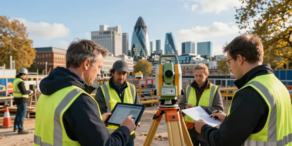 Topographical Surveyors London team working on a construction site with advanced equipment in urban setting.